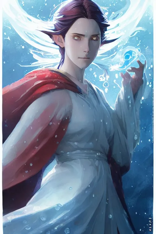 Image similar to elvish female sorcerer doing water magic spells, blue robes, red hair, finely detailed perfect face, exquisite details, mid view, design on a white background, by studio muti, greg rutkowski makoto shinkai takashi takeuchi studio ghibli