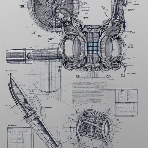 Image similar to A concept of a detailed and intricate design of a mechanical deconstructor 3d design, great finesse organic hyper detailed, engineering blueprints, technical drawings, calculus, stained paper