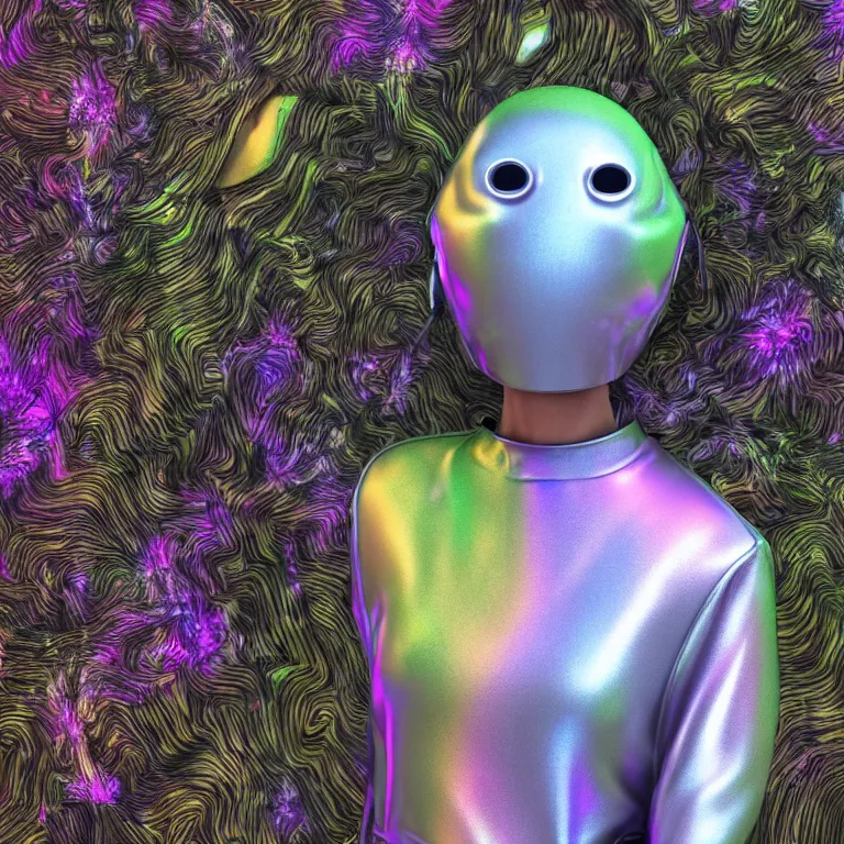 Image similar to octane render portrait by wayne barlow and carlo crivelli and glenn fabry, subject is a woman covered in tie - dye hoodie with iridescent metallic space helmet, surrounded by alien plants, cinema 4 d, ray traced lighting, very short depth of field, bokeh