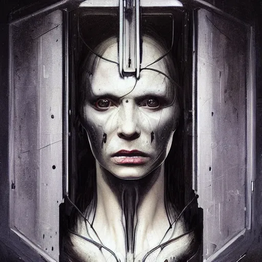 Image similar to surreal portrait of a woman by Greg Rutkowski and H.R Giger, Vincent Di Fate, cyborg of old age, symmetrical, hair as wires, haunting appearance, pale as marble, biomechanical and intricate, empty and uncany expression, frightening, space horror, fascinating, highly detailed portrait, digital painting, artstation, concept art, smooth, sharp focus illustration, duo tone, HQ.