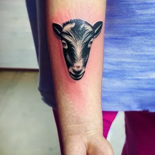 Image similar to A small tattoo of a goat. The goat is holding a large cinnamon churro in its mouth