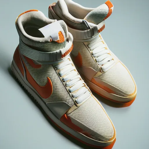 Image similar to a studio photoshoot of Nike sneakers designed by Tom Sachs, cream leather with knitted mesh material, gum rubber outsole, realistic, color film photography by Tlyer Mitchell, 35 mm, graflex