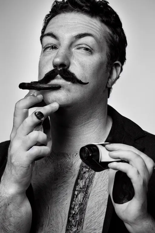 Image similar to mark mann photography, a male portrait, black hair, moustache, smoking a pipe