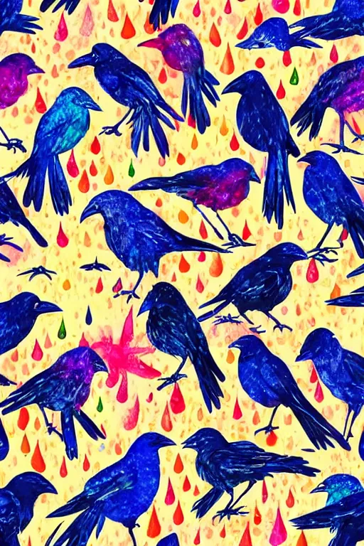 Prompt: rain, pattern, cute anime, vivid colors, watercolors, black raven bird