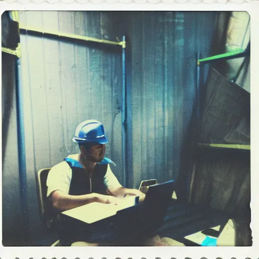 Prompt: a polaroid photo of man using a laptop inside in warehouse, he sitting on chair and small table, he's wearing blue cloth and construction hat, behind him is a very scary monster watching him work, photo from behind, highly details, perfect face shape, cinematic lighting,