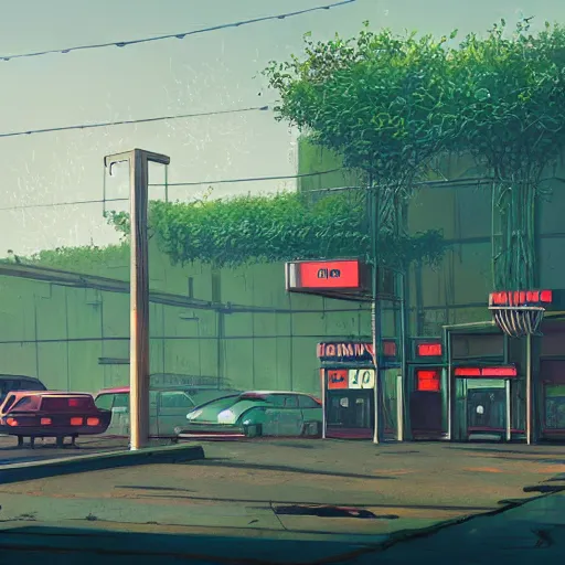 Prompt: a indoor abandoned parking lot with overgrown plants, neon, cyberpunk, art by Simon Stalenhag, cinematic, 4k