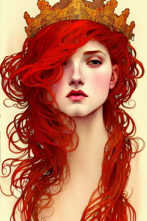 Prompt: watercolor, a red hair female underwater with a crown made of long golden fish!!, intricate, elegant, highly detailed, my rendition, digital painting, trending on artstation, concept art, smooth, sharp focus, illustration, art by alphonse mucha