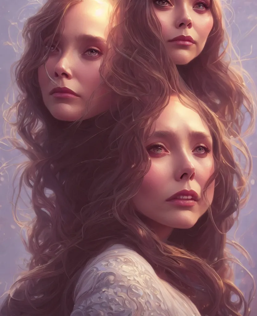 Prompt: Elizabeth Olsen, closeup, D&D, fantasy, intricate, elegant, highly detailed, digital painting, artstation, concept art, matte, sharp focus, illustration, hearthstone, art by Artgerm and Greg Rutkowski and Alphonse Mucha