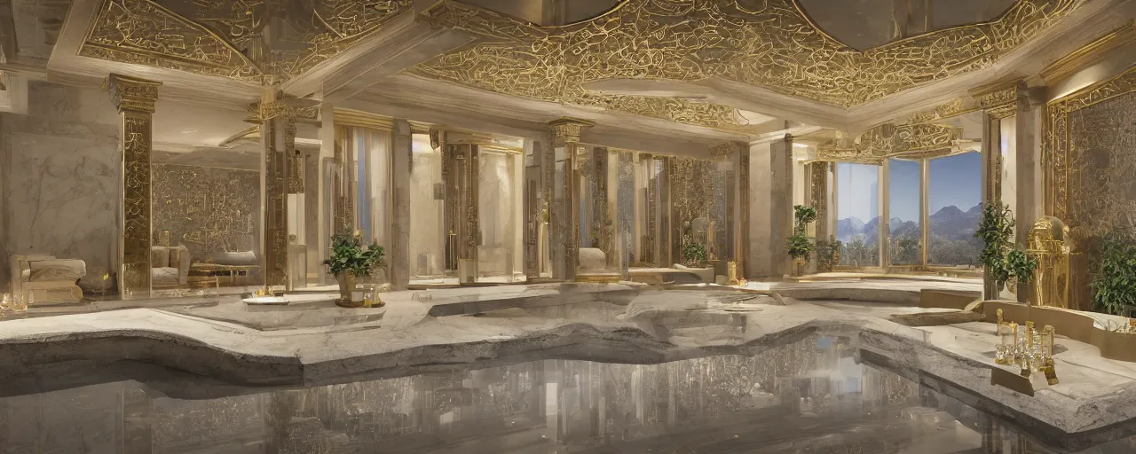 Image similar to 3 d render of a cinematic interior of a triple height hyper luxury spa with everything made of gold, candles, windows with view to desert mountains and river, beige stone marble floor with reflection, small wellness relaxation pool, potted plants, intricate hieroglyph detailed roof, contemporary design, fractal sacred geometry, 8 k, hyperrealistic, photorealism,