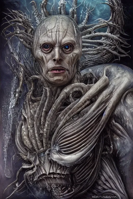 Image similar to elon musk as a scary sea creature, elon musk, photorealistic, cinematic lighting, highly detailed, very intricate, by hr giger