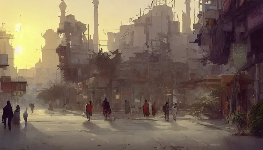 Prompt: jeddah city street, roshan, shops, a bright pharmacy, a nomad wearing a worn out coat, plants, tree, dramatic lighting, sci fi, by caspar david friedrich by james gilleard and justin gerard, centered, artstation, smooth, sharp focus, by jean baptiste monge