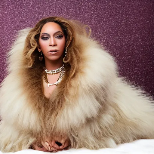 Image similar to cream - colored havanese dressed as beyonce, hair in weaves, wearing a fur coat, urban background, magazine photography