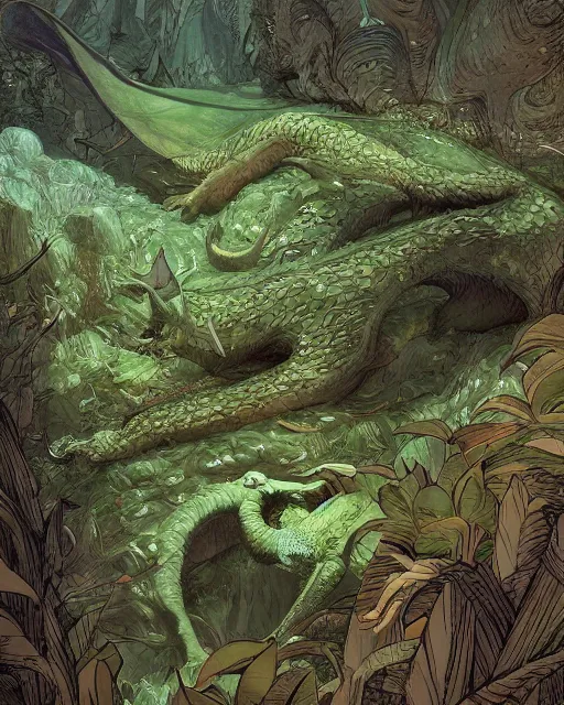 Image similar to a giant slumbering sleeping green dragon, digital art, illustrated by james gurney and victo ngai