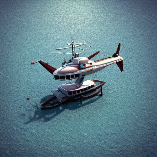 Image similar to mobile home boat helicopter by artem chebokha, trending on artstation, octane render, weta digital, micro details, 3 d sculpture, structure, ray trace