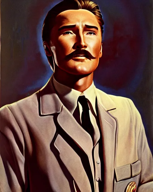 Image similar to Errol Flynn as a scientist. 1980s dystopian Soviet Russia, propaganda screens. Unreal engine, fantasy art by Rosa Bonheur. Faithfully depicted facial expression, perfect anatomy global illumination, radiant light, detailed and intricate environment