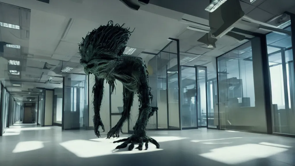 Prompt: the creature in the high tech office building, it is furious, film still from the movie directed by denis villeneuve and david cronenberg with art direction by salvador dali