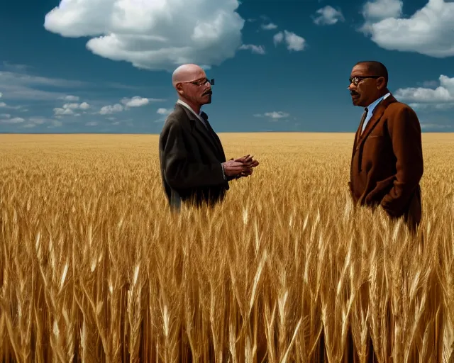 Prompt: walter white and gustavo fring facing each other in a wheat field, long shot, side view, 3 5 mm photograph, 8 k resolution, wide shot, sharp lens