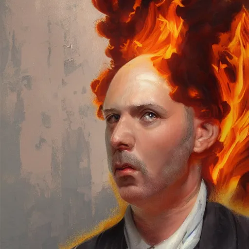 Image similar to an artstation trending portrait painting of a bald english man standing in front of a building on fire