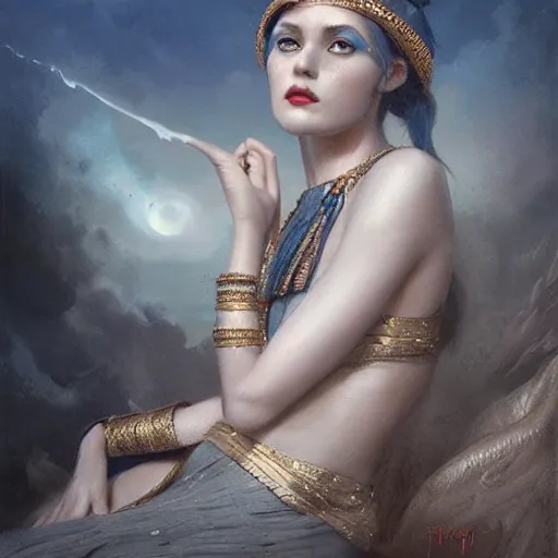 Image similar to like dust, magic gathers in overlooked places, photorealistic portrait of cleopatra in style of tom bagshaw and greg rutkowski. absolutely stunning!, sitting on the palace stairs, symmetrical perfect face, porcelain skin, ultra - detailed, digital art, 8 k