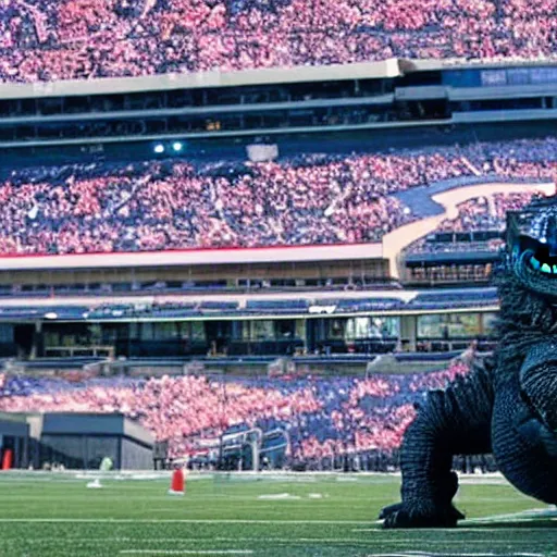 Image similar to Godzilla attacking Gillette Stadium as coach Belichick desperately tries to defend it