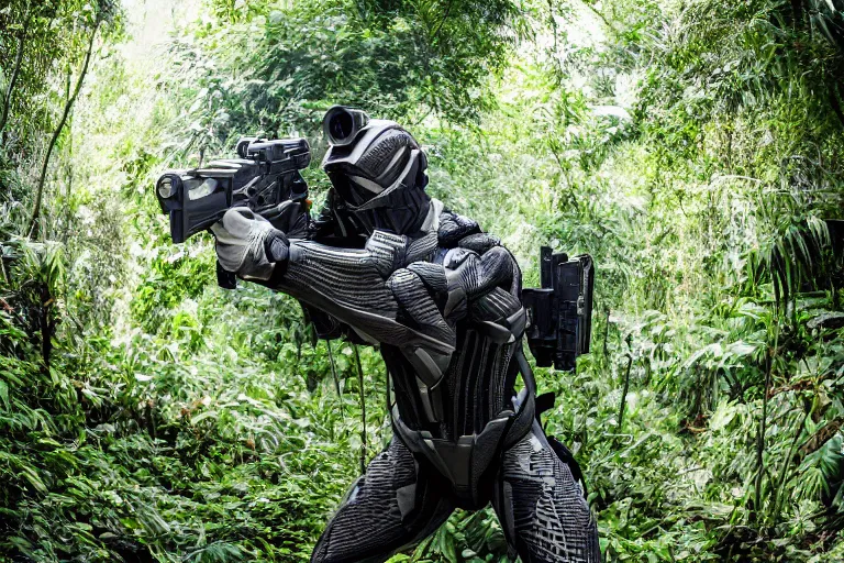 Image similar to Crysis Nanosuit shooting at enemies in a jungle combat photography 2022, Canon EOS R3, f/1.4, ISO 200, 1/160s, 8K, RAW, unedited, symmetrical balance, in-frame,