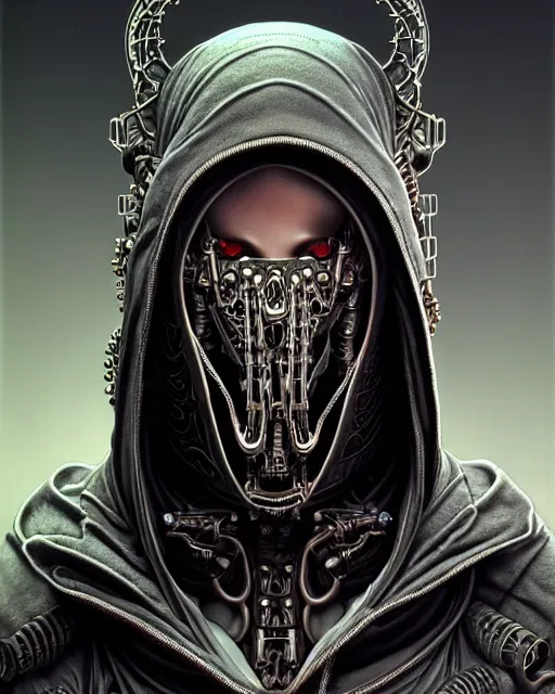 Image similar to front shot of a cyberpunk hooded dead biomechanical demon mastermind character, intricate, elegant, highly detailed, centered, (((artstation, concept art, smooth, sharp focus, artgerm, Tomasz Alen Kopera, Peter Mohrbacher, donato giancola, Joseph Christian Leyendecker, WLOP, Boris Vallejo))), mugshot!!!!!, ugly!!!!!!, octane render, nvidia raytracing demo, grainy, muted