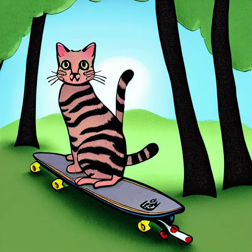 Prompt: a cat riding a skateboard in a forest, digital art