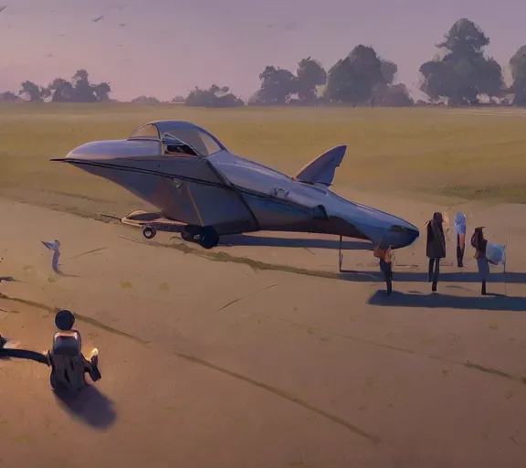 Prompt: photo from a drone, people near the plane at the airfield, painting by craig mullins, octane rendering, soft morning lighting, wide angle lens, in the style of hayao miyazaki, trending on artstation,