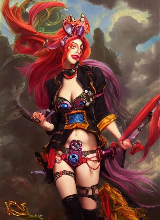 Image similar to oil painting of jinx league of legends in the style of sophie anderson,