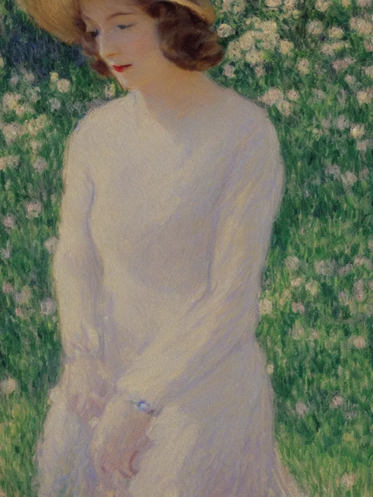 Prompt: portrait of < zelda fitzgerald > as a beautiful young lady wearing 1 9 2 0 s fashion, blurry face, brown hair, slim, fair, severe out of focus, depth of field, pleinairism, in the sun, backlit, closeup, oil on canvas, atr by monet, in the style of le promenade, smooth, impressionnisme, 8 k