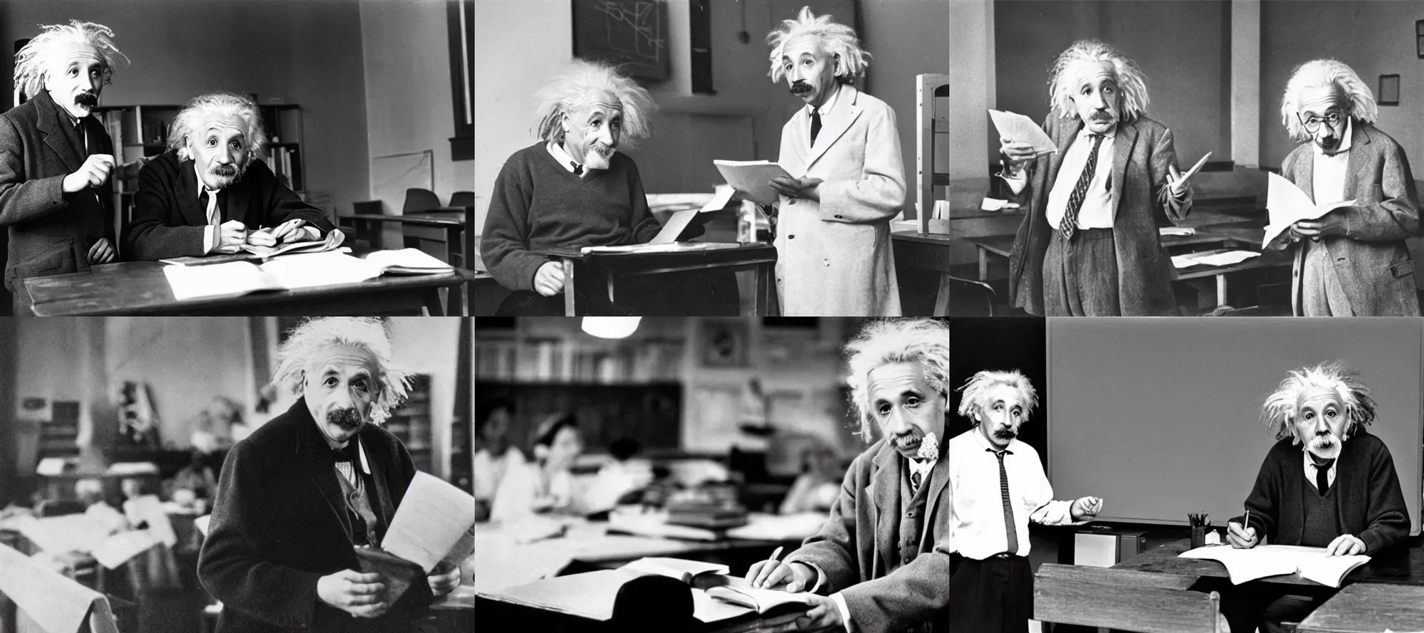 Prompt: photograph of professor Einstein teaching in university, black and white, 4k
