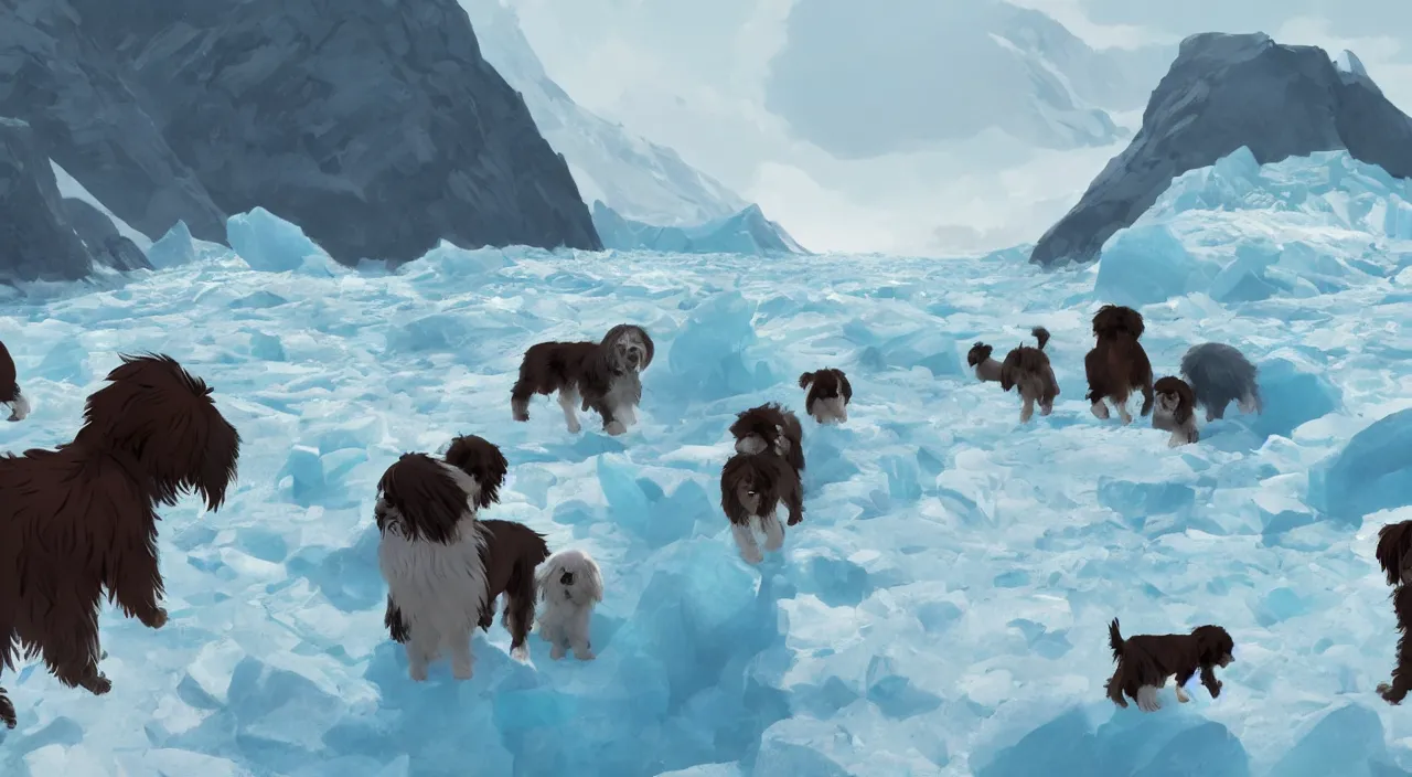 Image similar to havanese dogs and arctic explorers, crossing glaciers, 1 9 0 0, tartakovsky, atey ghailan, goro fujita, studio ghibli, rim light, harsh midday lighting, clear focus, very coherent