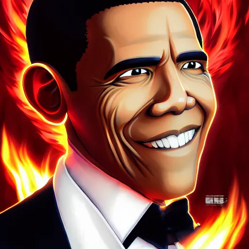 Image similar to portrait of obama the president king of flames aura mode, anime fantasy illustration by tomoyuki yamasaki, kyoto studio, madhouse, ufotable, square enix, cinematic lighting, trending on artstation