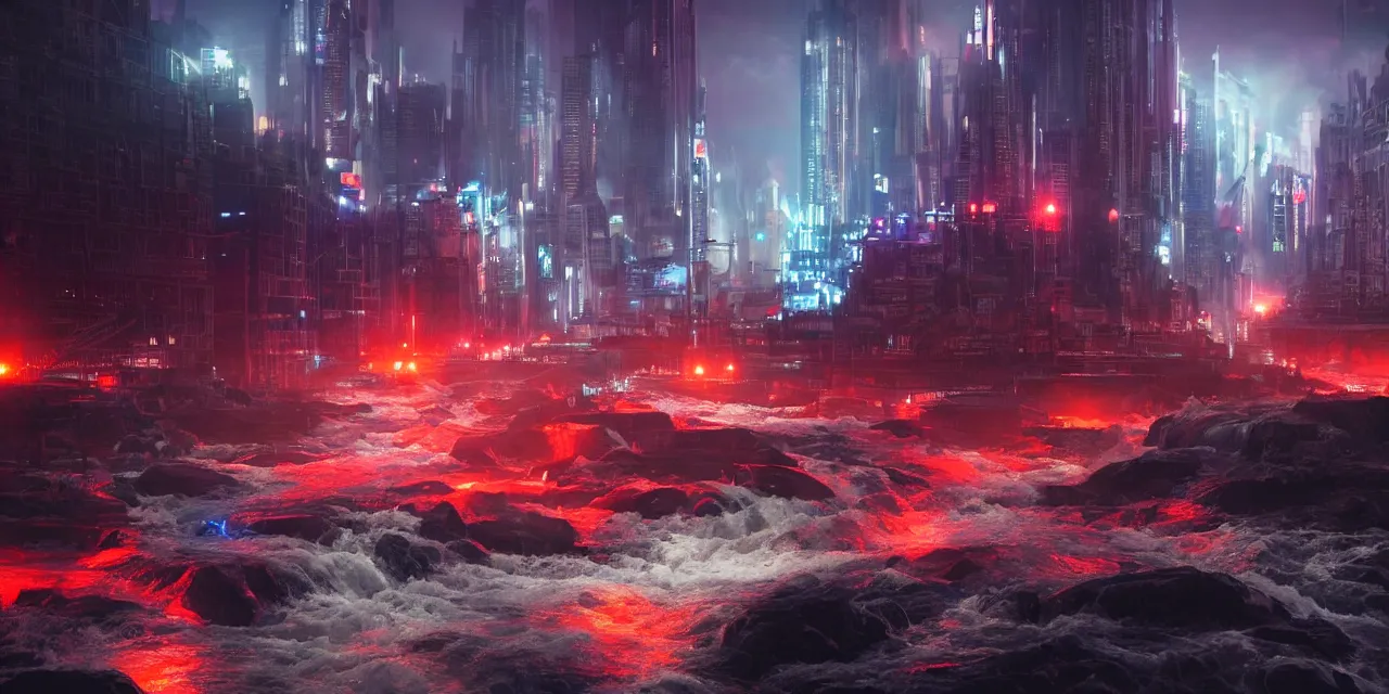 Image similar to turbulent river rapids rushing through a futuristic city at night , volumetric lighting, blue and red glowing lights, 4k, octane, unreal engine, high contrast, high saturation , cinematic film still, by artgerm and greg rutkowski