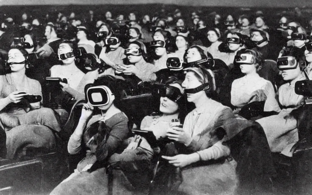 Image similar to 1 9 0 0 s photo of people using iphones ipods virtual reality headsets vr watching hd tv in a movie theater