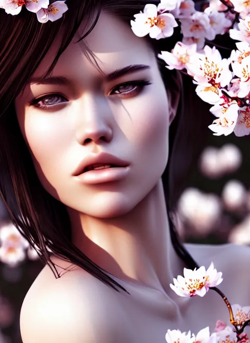 Prompt: photo of a gorgeous female with messy hair in the style of stefan kostic, realistic, body shot, sharp focus, 8 k high definition, insanely detailed, intricate, elegant, art by stanley lau and artgerm, cherry blossoms