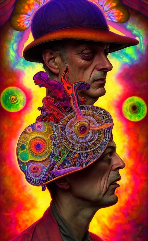 Prompt: An extremely psychedelic celestial larry harvey in his hat, colorful, surreal, dramatic lighting, magic mushrooms, psilocybin, LSD, face, detailed, intricate, elegant, highly detailed, digital painting, artstation, concept art, smooth, sharp focus, illustration, art by Krenz Cushart and Artem Demura and alphonse mucha