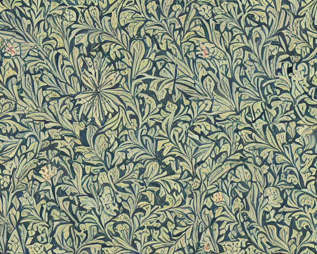 Prompt: Floral wallpaper in the style of William Morris and Dani Dazey