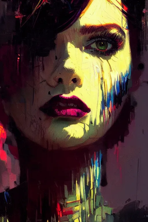 Image similar to portrait of a beautiful goth girl, complementary colors, beautiful face, rule of thirds, intricate outfit, spotlight, by greg rutkowski, by jeremy mann, by francoise nielly, by van gogh, digital painting