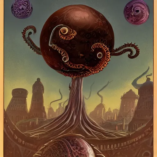 Prompt: a spherical eldritch horror with multiple eyestalks and a large central eye floating in the air above a fantasy medieval city