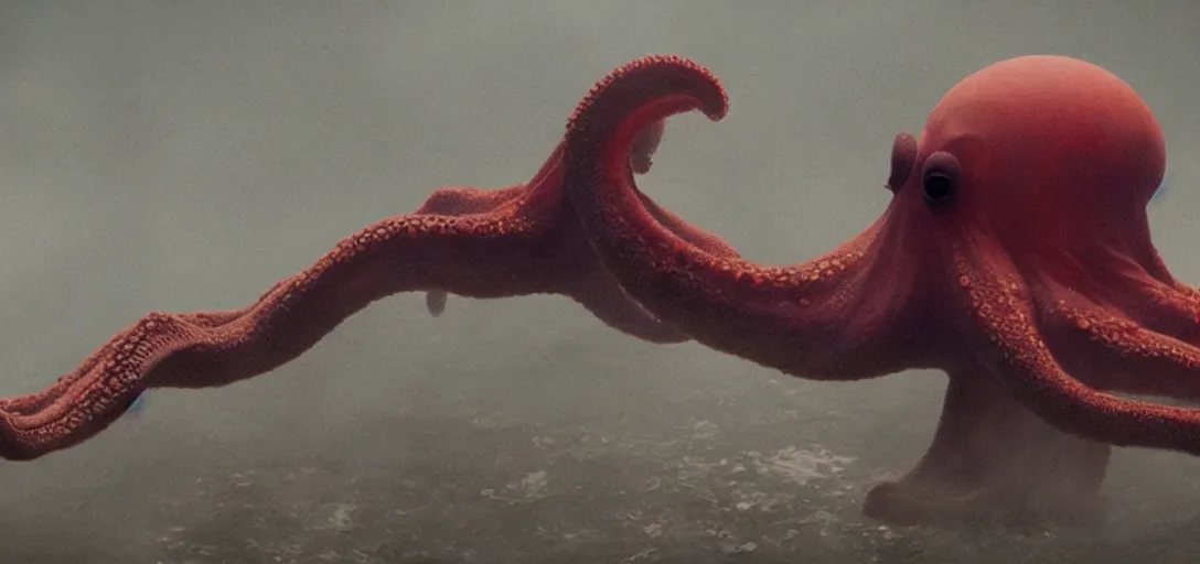 Image similar to an octopus in the shape of a clown, foggy, cinematic shot, photo still from movie by denis villeneuve, wayne barlowe