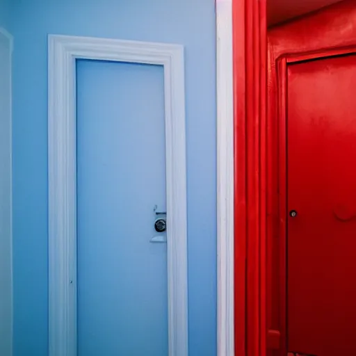 Image similar to two doors, one leads to a bathroom soaked in blue light, the other leads to a scary red hallway, vhs footage