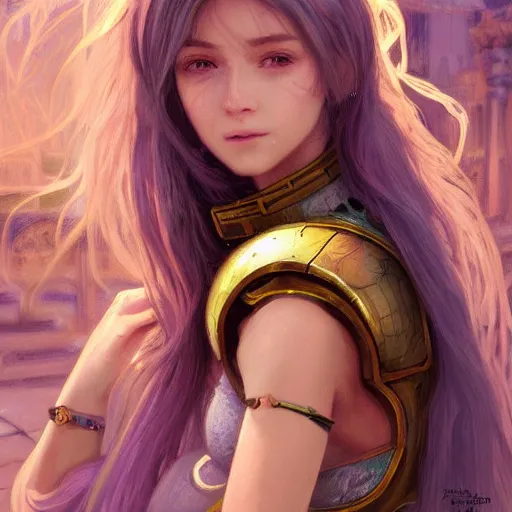 Image similar to portrait knights of Zodiac girl, metalic pink and pastel purple reflected armor, in ruined Agora of Athens sunrise, ssci-fi, fantasy, intricate, very very beautiful, elegant, golden light, highly detailed, digital painting, artstation, concept art, smooth, sharp focus, illustration, art by tian zi and WLOP and alphonse mucha