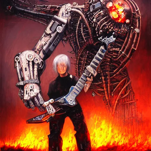 Image similar to robot shredding guitar solo standing in ruined burning street by Yoshitaka Amano, by HR Giger, biomechanical, 4k, hyper detailed, hyperrealism, anime, a Blood Moon rising on a Broken World, deviantart, artstation