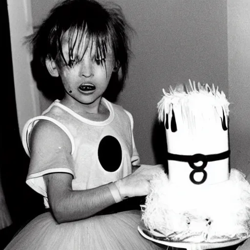 Image similar to Alien from the Alien movies wearing a tutu at his birthday party, nostalgic 90's photo