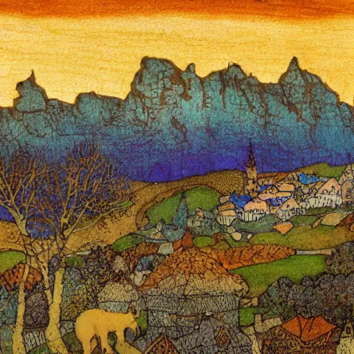 Prompt: a tilt-shift photograph of an Edmund Dulac and Ivan Bilibin inspired village scene and of a sunset and mountains. natural sunlight, golden hour. detailed, full color scheme