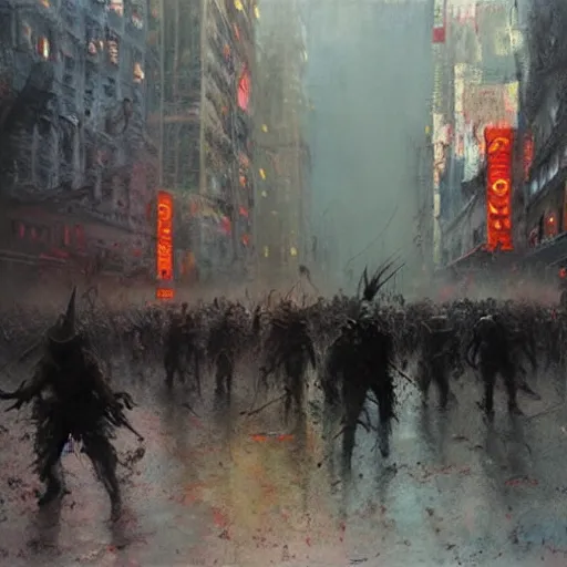 Prompt: horde of zombies in downtown new york, highly detailed painting by jeremy mann and beksinski