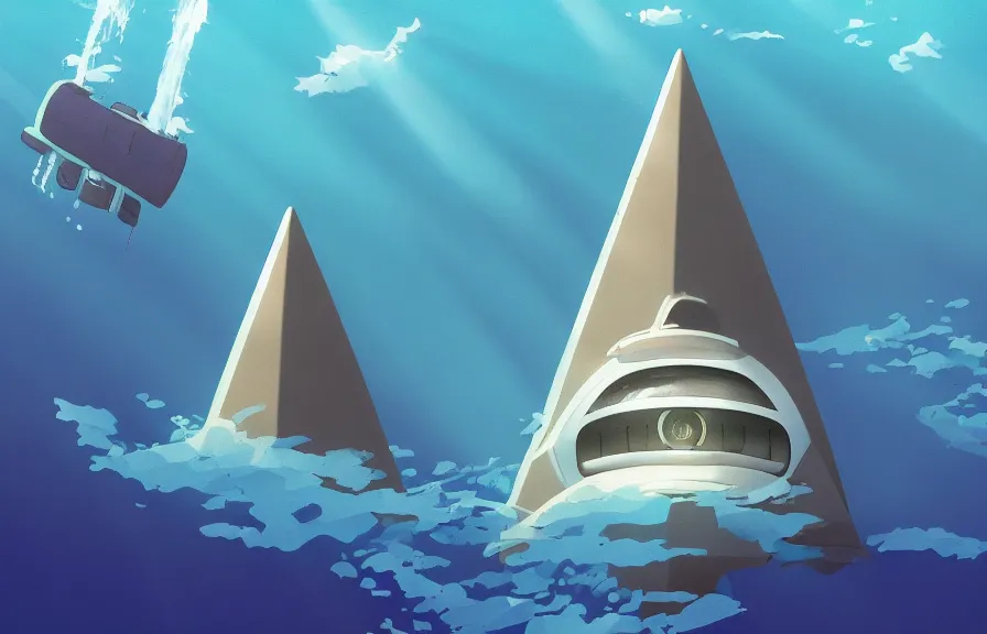 Image similar to a realistic studio ghibli cell - shaded cartoon showing a futuristic submarine swimming in front of a white pyramid underwater at the bottom of the sea. shafts of sunlight come from above. wide shot, very dull muted colors, hd, 4 k, hq