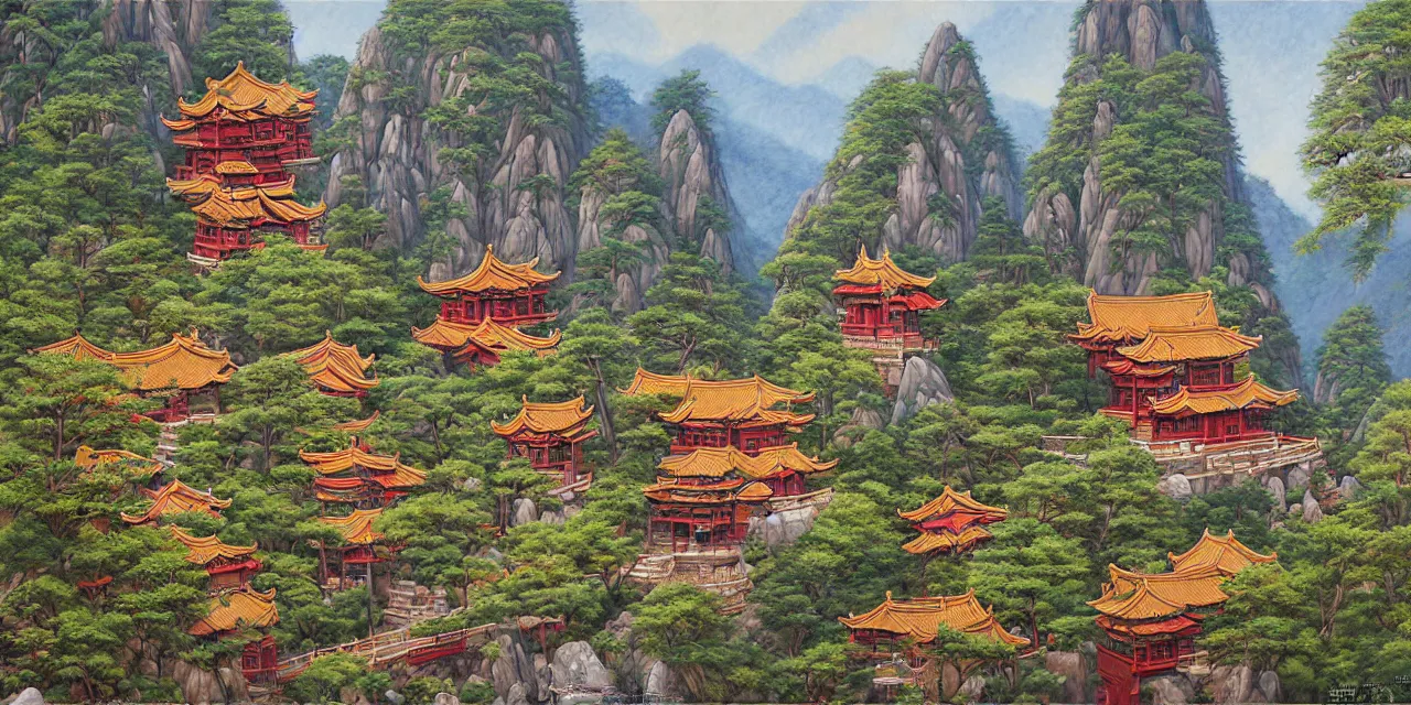 Prompt: the taoist temples of huangshan, landscape painting by pam neilands
