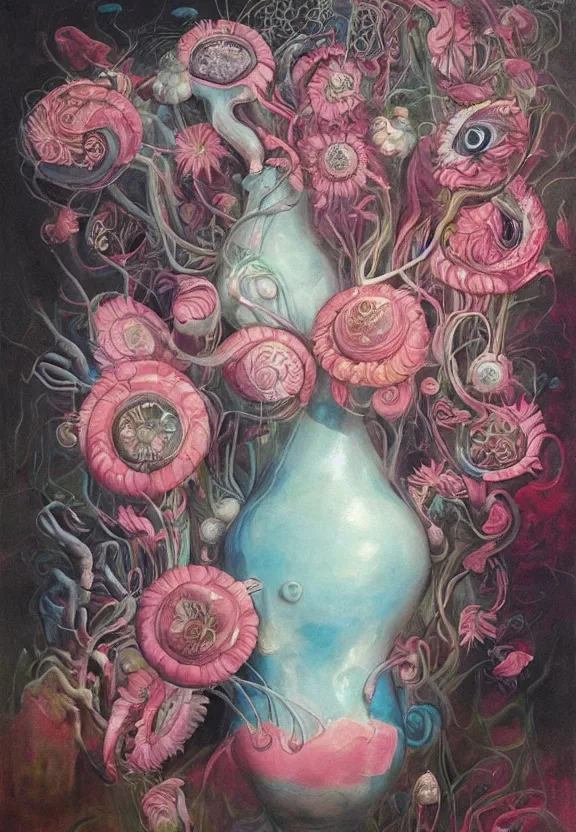 Image similar to a biomorphic painting of a vase with flowers and eyeballs in it, a surrealist painting by Marco Mazzoni, by Dorothea Tanning, pastel blues and pinks, featured on artstation, metaphysical painting, oil on canvas, fluid acrylic pour art, airbrush art, seapunk, rococo, lovecraftian